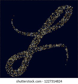 Glowing golden stars with twinkling elements on a blue background. Stars in the night sky. Gold glitter. Festive Christmas background.