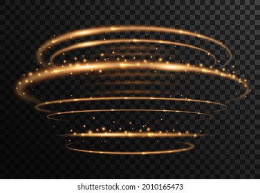Glowing golden tornado. Rotating sparkling ellipses. Isolated effect of whirlwind, hurricane, storm twister. Dynamic neon circles