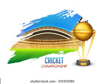 Glowing Golden Trophy and abstract illustration of Stadium for Cricket Championship concept.