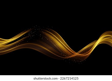 Glowing golden wave color flow with golden sparkles on black background.