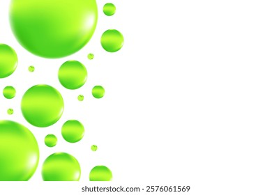 Glowing green 3D liquid bubbles or fluid jelly droplets isolated, transparent background. Aesthetic fresh composition for cosmetology, beauty science, skin care molecular concept.