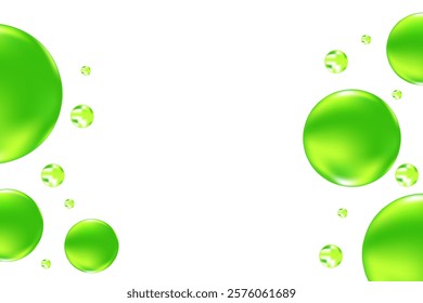 Glowing green 3D liquid bubbles or fluid jelly droplets isolated, transparent background. Aesthetic fresh composition for cosmetology, beauty science, skin care molecular concept.