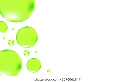 Glowing green 3D liquid bubbles or fluid jelly droplets isolated, transparent background. Aesthetic fresh composition for cosmetology, beauty science, skin care molecular concept.