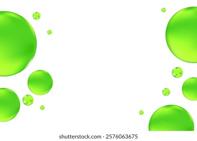 Glowing green 3D liquid bubbles or fluid jelly droplets isolated, transparent background. Aesthetic fresh composition for cosmetology, beauty science, skin care molecular concept.