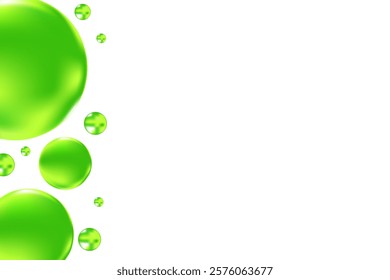 Glowing green 3D liquid bubbles or fluid jelly droplets isolated, transparent background. Aesthetic fresh composition for cosmetology, beauty science, skin care molecular concept.