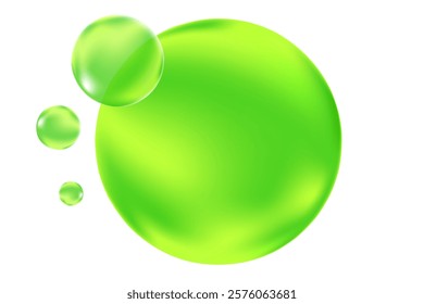 Glowing green 3D liquid bubbles or fluid jelly droplets isolated, transparent background. Aesthetic fresh composition for cosmetology, beauty science, skin care molecular concept.