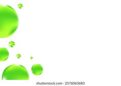 Glowing green 3D liquid bubbles or fluid jelly droplets isolated, transparent background. Aesthetic fresh composition for cosmetology, beauty science, skin care molecular concept.