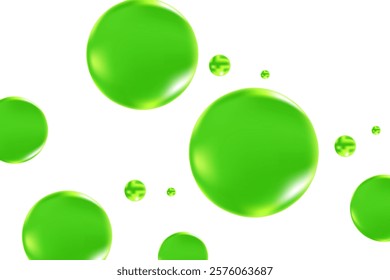 Glowing green 3D liquid bubbles or fluid jelly droplets isolated, transparent background. Aesthetic fresh composition for cosmetology, beauty science, skin care molecular concept.