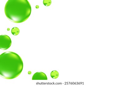 Glowing green 3D liquid bubbles or fluid jelly droplets isolated, transparent background. Aesthetic fresh composition for cosmetology, beauty science, skin care molecular concept.