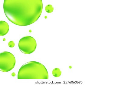 Glowing green 3D liquid bubbles or fluid jelly droplets isolated, transparent background. Aesthetic fresh composition for cosmetology, beauty science, skin care molecular concept.