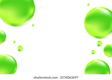 Glowing green 3D liquid bubbles or fluid jelly droplets isolated, transparent background. Aesthetic fresh composition for cosmetology, beauty science, skin care molecular concept.