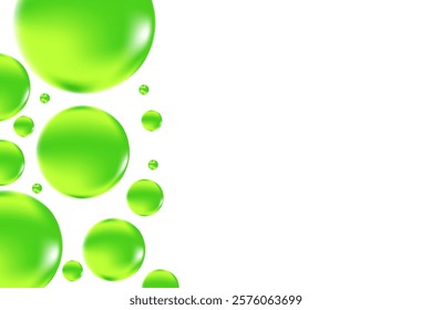 Glowing green 3D liquid bubbles or fluid jelly droplets isolated, transparent background. Aesthetic fresh composition for cosmetology, beauty science, skin care molecular concept.