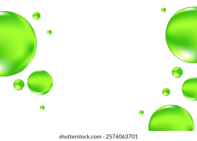 Glowing green 3D liquid bubbles or fluid jelly droplets isolated, transparent background. Aesthetic fresh composition for cosmetology, beauty science, skin care molecular concept.