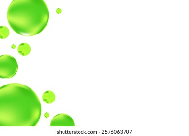 Glowing green 3D liquid bubbles or fluid jelly droplets isolated, transparent background. Aesthetic fresh composition for cosmetology, beauty science, skin care molecular concept.