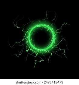 Glowing green circle with thunderbolt effects. Vector illustration of an electric energy ring with lightning strikes on a black background. Perfect for sci-fi or technology themes.