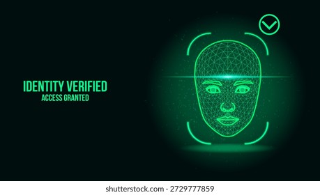 A glowing green digital face scanner displaying IDENTITY VERIFIED ACCESS GRANTED . Features a detailed wireframe mesh head, binary code particles, and a checkmark icon on a dark background for futuristic security and AI authentication themes.