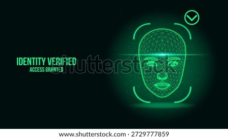 A glowing green digital face scanner displaying IDENTITY VERIFIED ACCESS GRANTED . Features a detailed wireframe mesh head, binary code particles, and a checkmark icon on a dark background for futuristic security and AI authentication themes.
