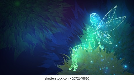 Glowing green fairy sits on a flower in a dark forest