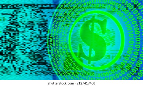 Glowing green financial symbol of a cashless digital US dollar on the background of a pixelated vector turbid 100 dollar paper bill