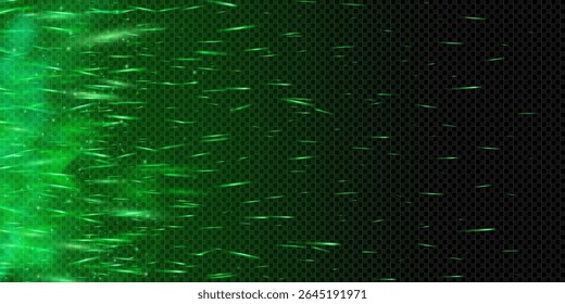 Glowing green flame with dynamic sparks and magical particles. Dark smoky background with neon shine, fairy dust and toxic mist. Abstract fantasy fire with hot embers and transparent night glow.