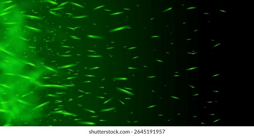 Chama verde brilhante com faíscas e partículas mágicas. Fundo esfumaçado escuro com brilho de néon, pó de fadas e névoa tóxica. Fogo de fantasia abstrato com brasas e brilho noturno transparente.