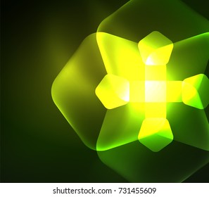 Glowing green glass transparent pentagans, geometric abstract digital background. Vector illustration