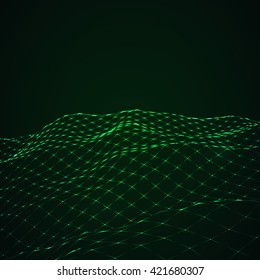 Glowing green grid landscape. Vector techno background.