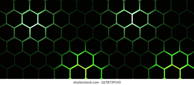 Grade hexagonal verde brilhante sobre um fundo preto, criando um efeito visual futurista e de alta tecnologia. EPS 10