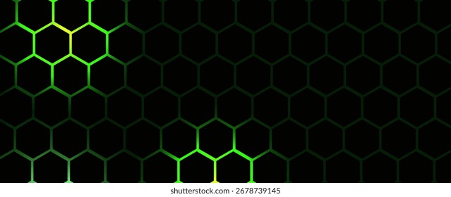 Glowing green hexagonal grid on a black background, creating a futuristic and high-tech visual effect. Suit for banner, web, brochure, poster and presentation