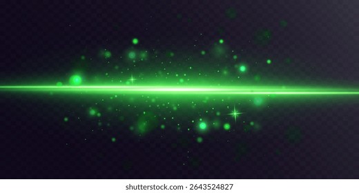 Glowing green horizontal beam of light with soft sparkles and glow. Neon flash, laser lines of light.