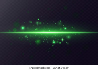 Glowing green horizontal beam of light with soft sparkles and glow. Neon flash, laser lines of light.