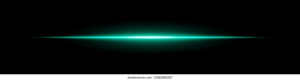Glowing green horizontal light beam on a dark background. Futuristic laser effect, energy burst, neon illumination, and sci-fi digital glow concept.