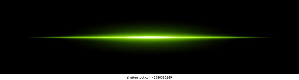 Glowing green horizontal light beam on a dark background. Futuristic laser effect, energy burst, neon illumination, and sci-fi digital glow concept.