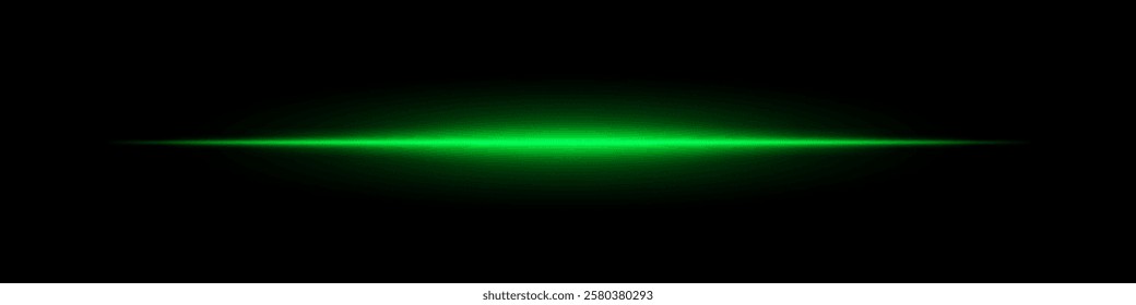 Glowing green horizontal light beam on a dark background. Futuristic laser effect, energy burst, neon illumination, and sci-fi digital glow concept.