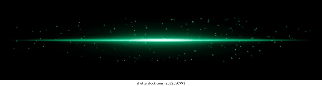 Glowing green horizontal light beam with scattered particles on a dark background. Futuristic energy burst, laser effect, sci-fi illumination, and digital glow concept.