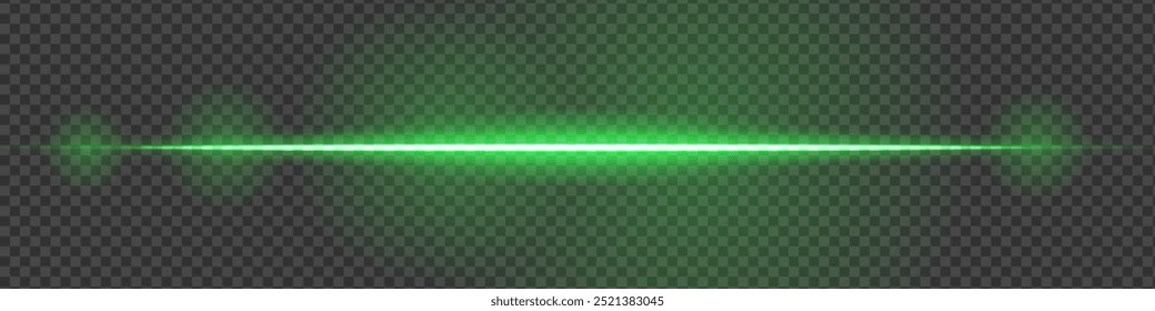 Glowing green laser beam horizontally across a dark transparent background, creating a futuristic and high-tech visual effect. Neon flare, laser lines of light. On a transparent background.