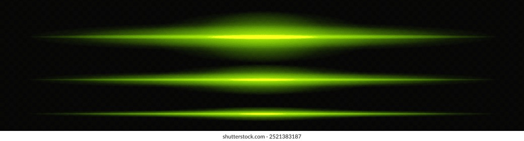 Feixe de laser verde brilhante horizontalmente em um fundo transparente escuro, criando um efeito visual futurista e de alta tecnologia. Neon flare, linhas de luz laser. Em um fundo transparente.