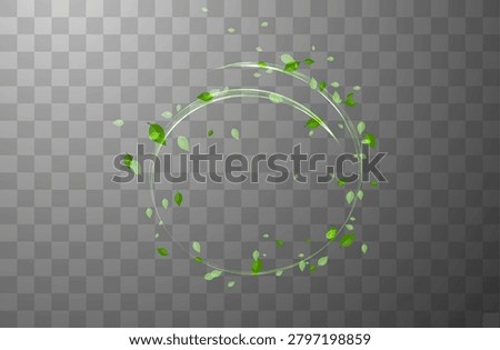 Glowing green leaf swirl with flying foliage and dynamic wind trail. Eco nature energy effect isolated on checkered transparent background for environmental and freshness concepts. Editable vector effect