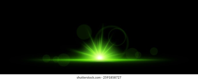 Glowing green light burst on a dark background. Bright energy explosion with radiant beams, circular bokeh, and neon flare. Abstract illumination with futuristic glow and dynamic effect.