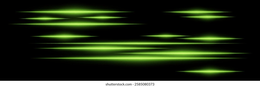 Glowing green light streaks on a black background. Horizontal neon beams create a high-speed motion effect, symbolizing futuristic energy and digital acceleration. Sci-fi, cyber, abstract design