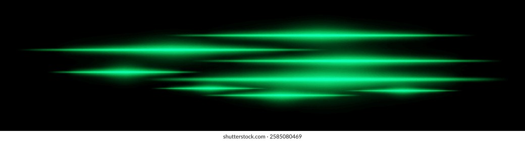 Glowing green light streaks on a black background. Horizontal neon beams create a futuristic and high-speed motion effect. Technology, sci-fi, digital energy, and abstract design themes