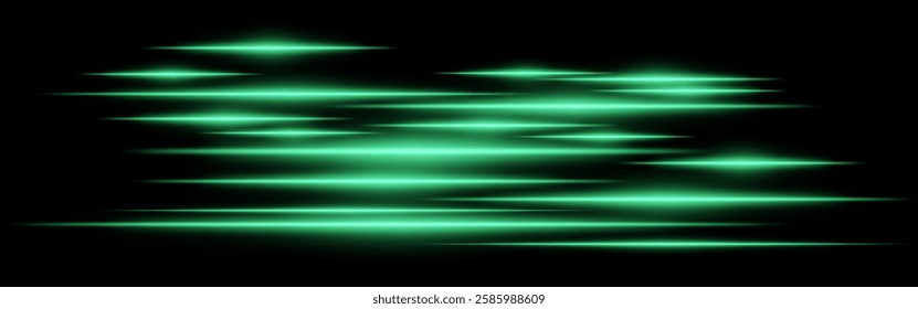 Glowing green light streaks on a black background. Horizontal neon beams create a high-speed motion effect, symbolizing futuristic technology and digital energy