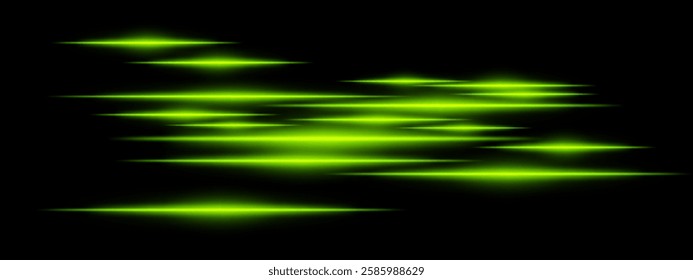 Glowing green light streaks on a black background. Horizontal neon beams create a high-speed motion effect, symbolizing futuristic technology and digital energy. Sci-fi, cyber, abstract design