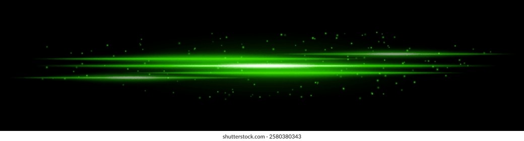 Glowing green light streaks with scattered particles on a dark background. Futuristic energy flow, laser effect, neon illumination, and digital speed motion concept.