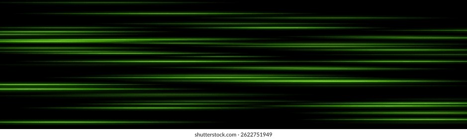 Glowing green light trails creating layered motion blur on dark background. Perfect for futuristic UI, digital speed elements, or sci-fi data animations.