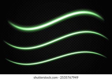 Grüne Lichtwellen leuchten. Neon, abstrakt, gekrümmte Linien, Energie, futuristisch, lebendig, Fluss, dynamisch, Bewegung, helle Streifen, digitale Wirkung, modern, beleuchtet.