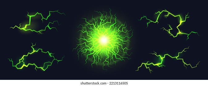 Glowing green lightnings. Electric storm, power thunder lightening glow effect magical circle energy neon light glowing cracks electrician thunderbolt, garish vector illustration of energy lightning