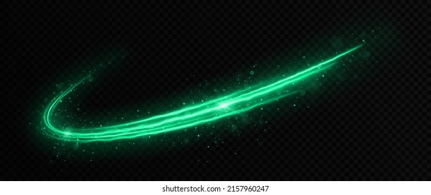 Glowing green lines effect. Sparkling wavy light effect. Glittering magic green particles isolated on transparent background.