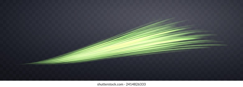 Glowing green lines. Neon realistic energy speed. Abstract light effect on a dark transparent background. Vector illustration.
