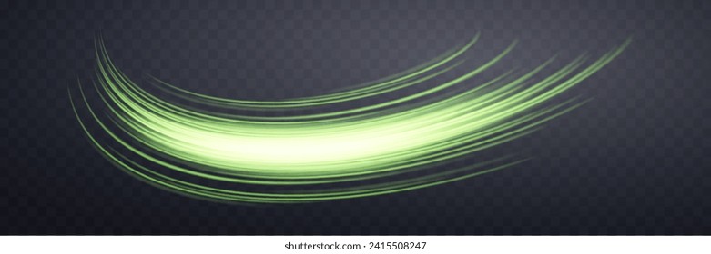 Glowing green lines. Neon realistic energy speed. Abstract light effect on a dark transparent background. Vector illustration.